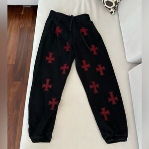 UNKNOWN BLACK SWEATPANTS JOGGERS W/RED MINI RHINESTONE CROSSES SIZE MEDIUM